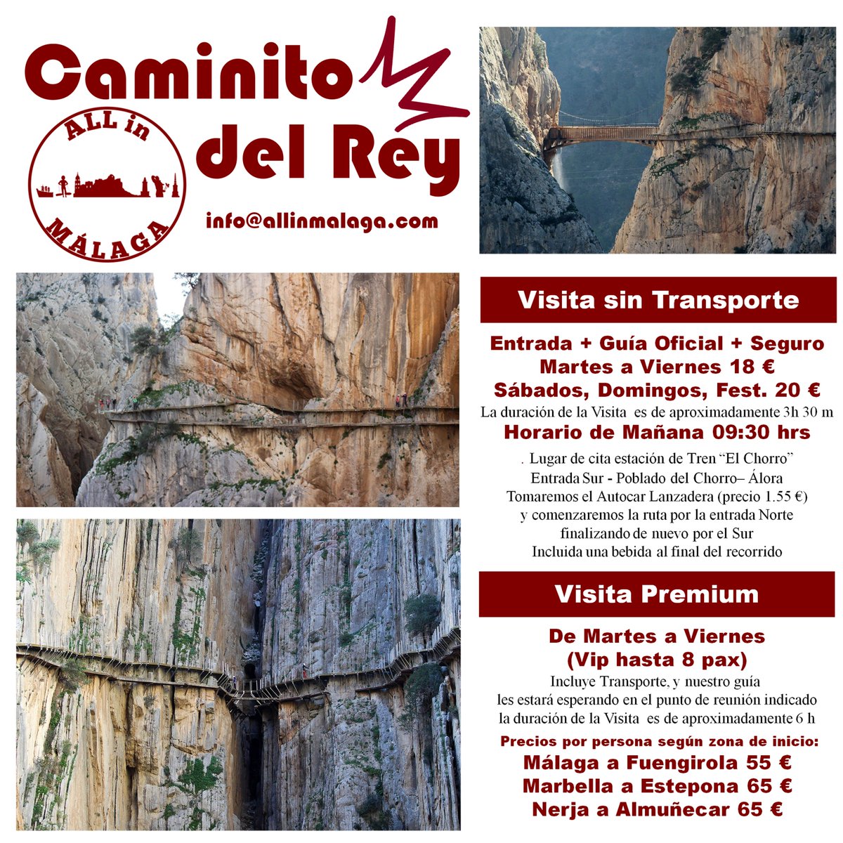 ¡¡¡ Aún tenemos disponibilidad para este fin de semana ¡¡¡
¿Te vienes? ¡¡¡ Reserva YA ¡¡¡
Siente, Vive, Disfruta... allinmalaga.com
#malagatours #caminitodelrey #caminitodelreytour #malaga #spain #adventure #elchorro #andalucia #southernspain #holidays #malagaspain