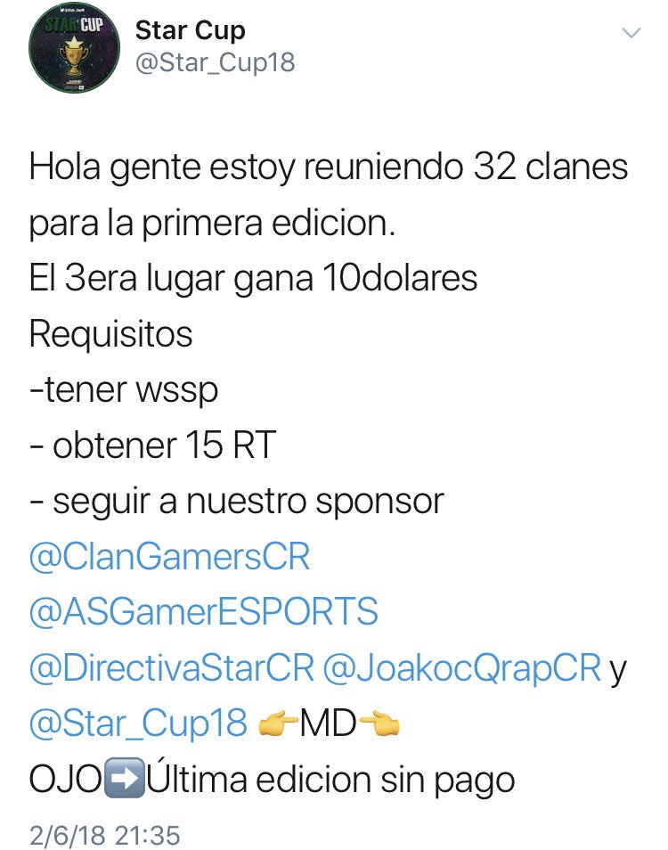 Necesitamos 15 Rt para entrar en la @Star_Cup18 todo RT se agadece 😊@AyudasCrazyESP @ayudas_iknox @AyudasDirKa
