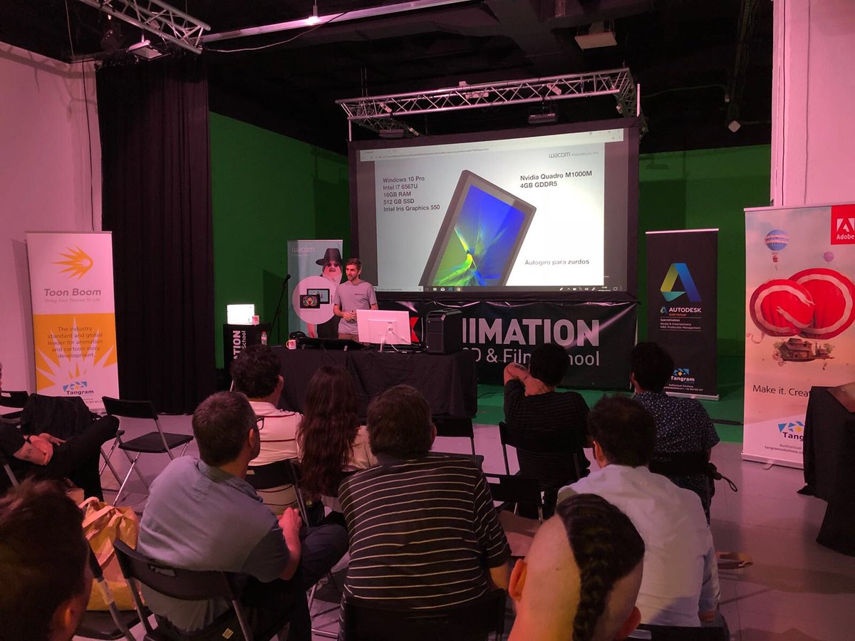 TangramNext's tweet photo. Natxo Sainz de #IRUSOIN con Flame junto a John Paul Giancarlo con Bifrost y Mudbox, Claudia Rivera Arranz con Dynamixyz y Substance, y Pedro Alpera con Toon Boom en el @wacom roadshow by #TangramMASTER en @fxanimation de Barcelona 😊 #animation #VFX #2D https://t.co/BOacTESckz