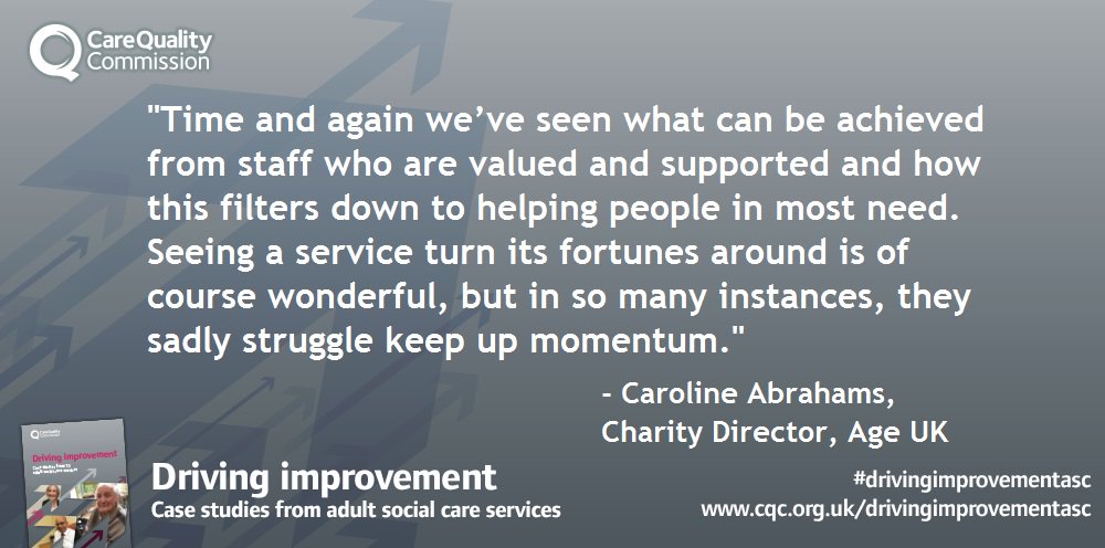 CareQualityComm's tweet photo. "Time and again, we've seen what can be achieved by staff who are valued and supported" - @age_uk
https://t.co/ITtsX5WUaE
#drivingimprovementasc https://t.co/lu1ZugZYHu