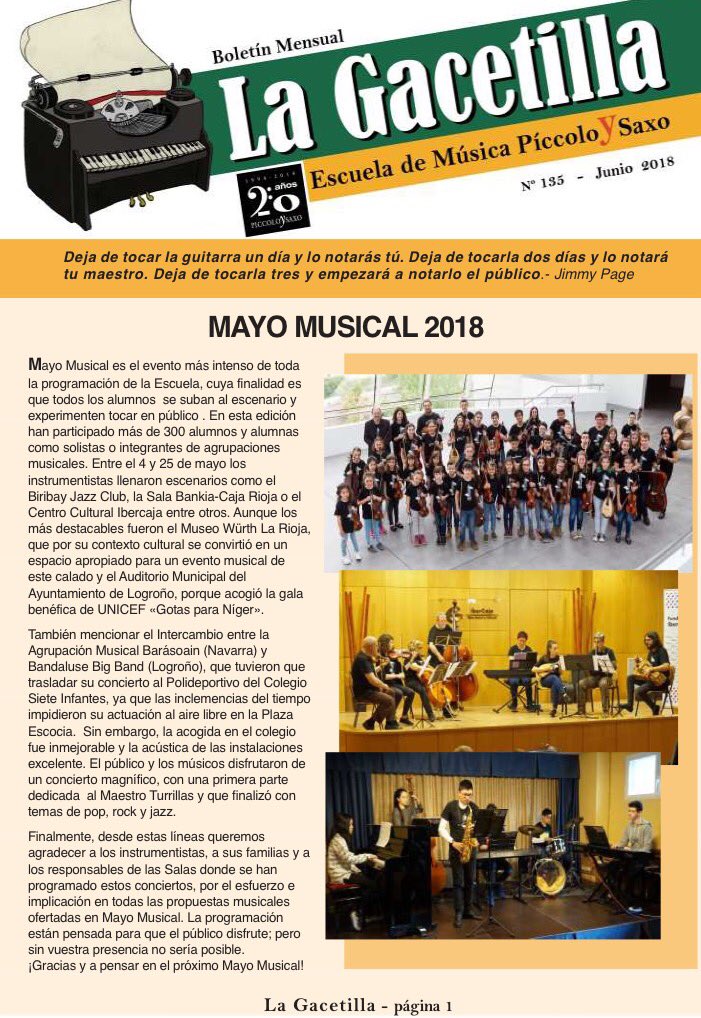 PICCOLOySAXO's tweet photo. Ya tienes disponible en https://t.co/mWGFkuDXzp el último número del curso de La Gacetilla, la Revista de la Escuela donde te contamos todo lo que hemos hecho en #MayoMusical, un artículo sobre #FrankSinatra y muchas cosas más!! Léela!! #MejorConMúsica #Revista #Logroño #Música https://t.co/5PJQsgga6F