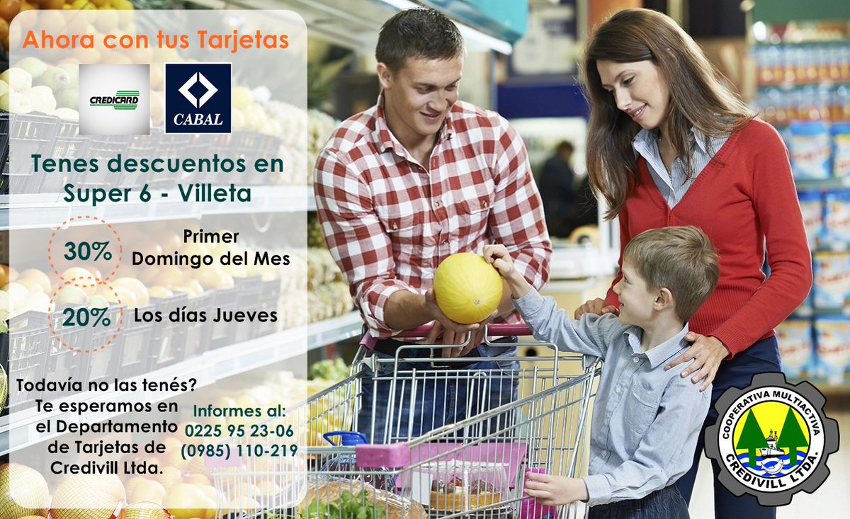 Credivill's tweet photo. Te recordamos que comprando en SUPER SEIS VILLETA, tenés descuentos los días JUEVES y PRIMER DOMINGO DE CADA MES.

Solicita ya mismo tu Tarjeta CABAL O CREDICARD 😎 https://t.co/bk1dwCkuIV
