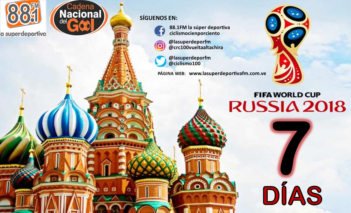 ⏳0⃣7⃣⏳
SOLO 07 DÍAS para el comienzo del🇷🇺MUNDIAL RUSIA 2018🇷🇺️
y nuestro equipo de la 88.1FM LA SÚPER DEPORTIVA esta preparado para llevarles toda la información de este GRAN EVENTO DEPORTIVO