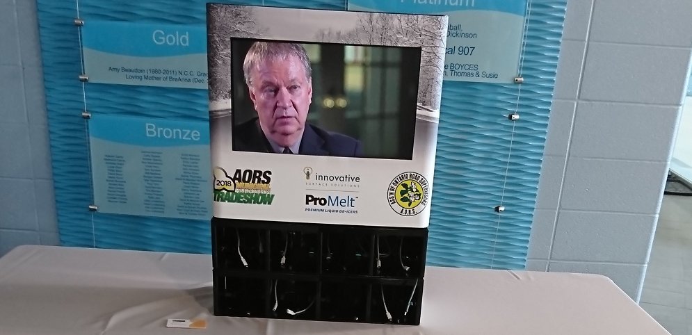 Innovativecomp's tweet photo. Day 2 of the @AORS_Official Municipal Public Works Tradeshow, we have set up a place for you to recharge your devices in the lobby of Quinte Sports and Wellness Centre, and we are at booth 168 Arena B ready to talk about #ProMelt better de-icers. #AORS2018 https://t.co/dUyB3YaBnm