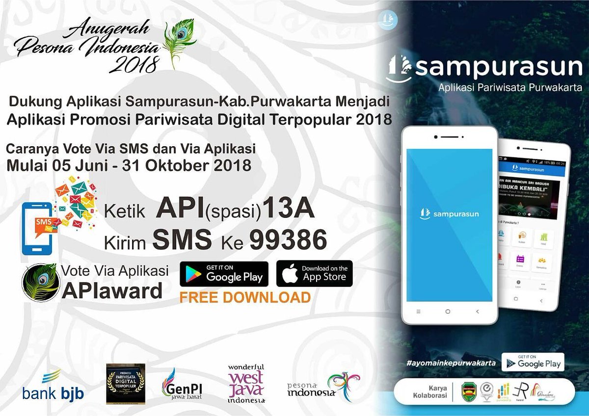 Ayo Dukung Aplikasi Sampurasun Kab. Purwakarta Menjadi Promosi Pariwisata Digital Terpopuler 2018

Caranya Vote via SMS dan Via Aplikasi Mulai 05 Juni 31 Oktober 2018

#Ayomainkepurwakarta  #wisatapurwakarta #amazingpurwakarta #disparbudjabar #Pesonaindonesia #wonderfullindonesia