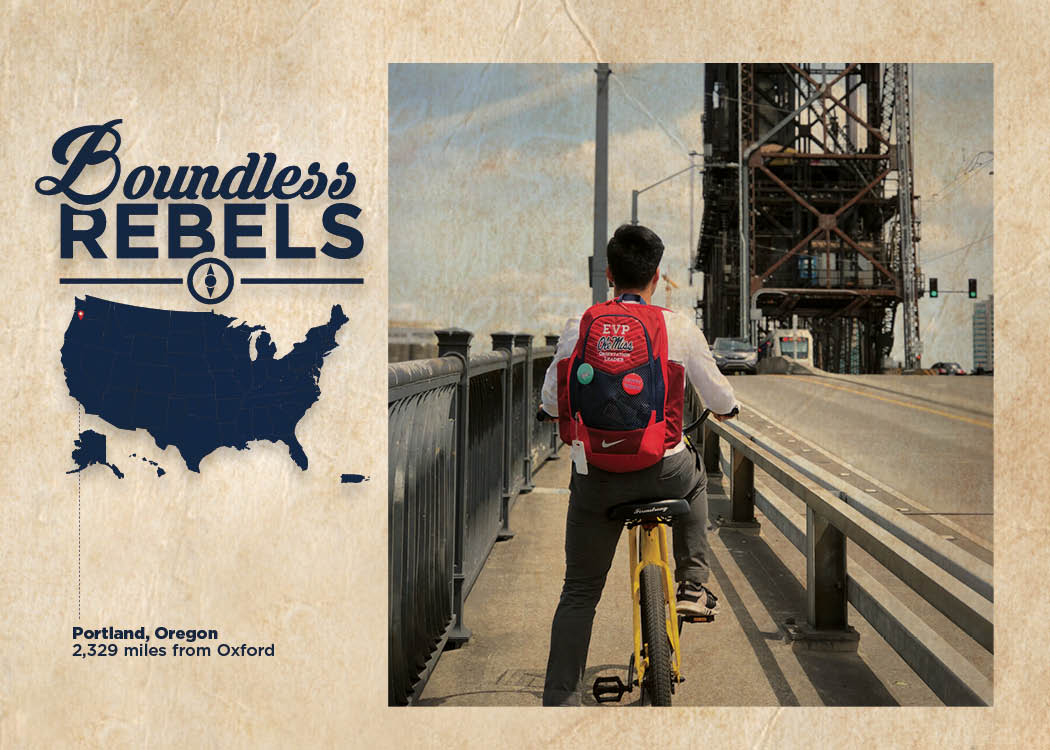 OleMiss's tweet photo. Eric Pham rocking his @umorientation backpack as he strolls through @BIKETOWNpdx in Portland, Oregon! #BoundlessRebels https://t.co/sx7vyTDR5U