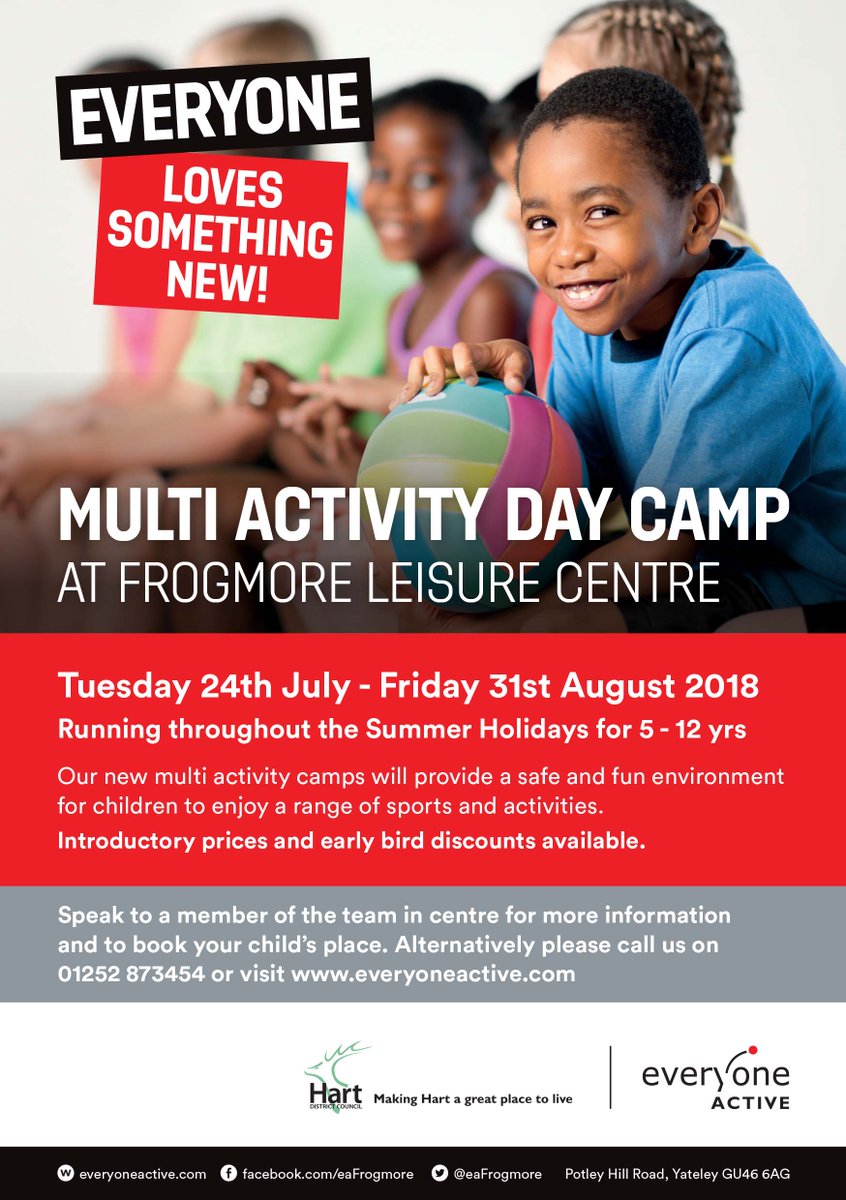 HartCouncil's tweet photo. Frogmore Leisure Centre are running a brand new multi activity camp over the summer holidays! To book your child’s place, visit the centre or call 01252 873454 https://t.co/pKO8vfEO6c