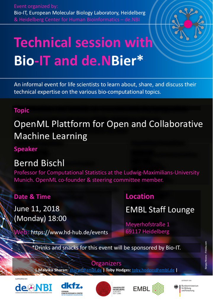 MalvikaSharan's tweet photo. Our next informal session is on "@open_ml Platform for Open & Collaborative Machine Learning" at #Bio_IT @denbiOffice event taking place in @embl Staff Lounge on June 11, 18:00. Our Speaker Bernd Bischl will also be giving a talk at 14:00 pm in EMBL. All interested are welcome! https://t.co/SuFf438lA0