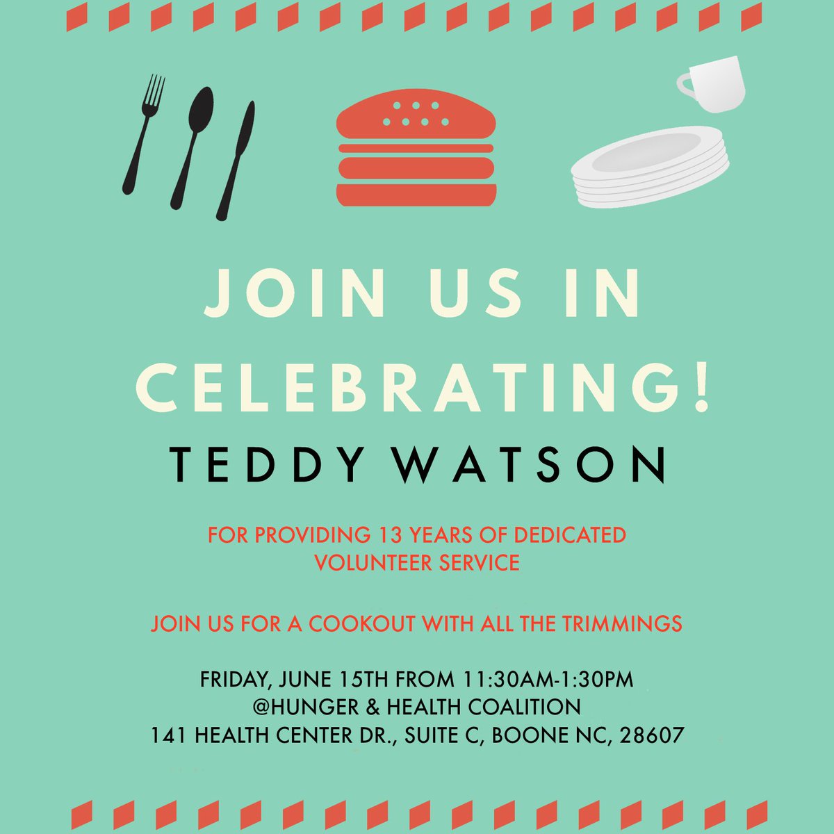 CoHunger's tweet image. Come help us say thanks to Teddy with a cookout in his honor! Everyone is welcome, so share and tell your friends! Friday, June 15th from 11:30-1:30pm.