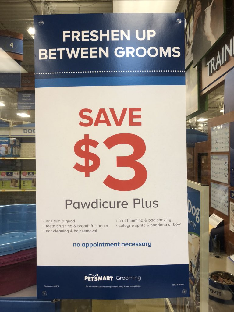 Now until July 8th save $3 on the pawdicure plus walk in service! Walk in anytime we are open, this service includes: nail trim, nail grinding, ear cleaning, teeth brushing and breath spray, bandana, and a spritz of cologne!