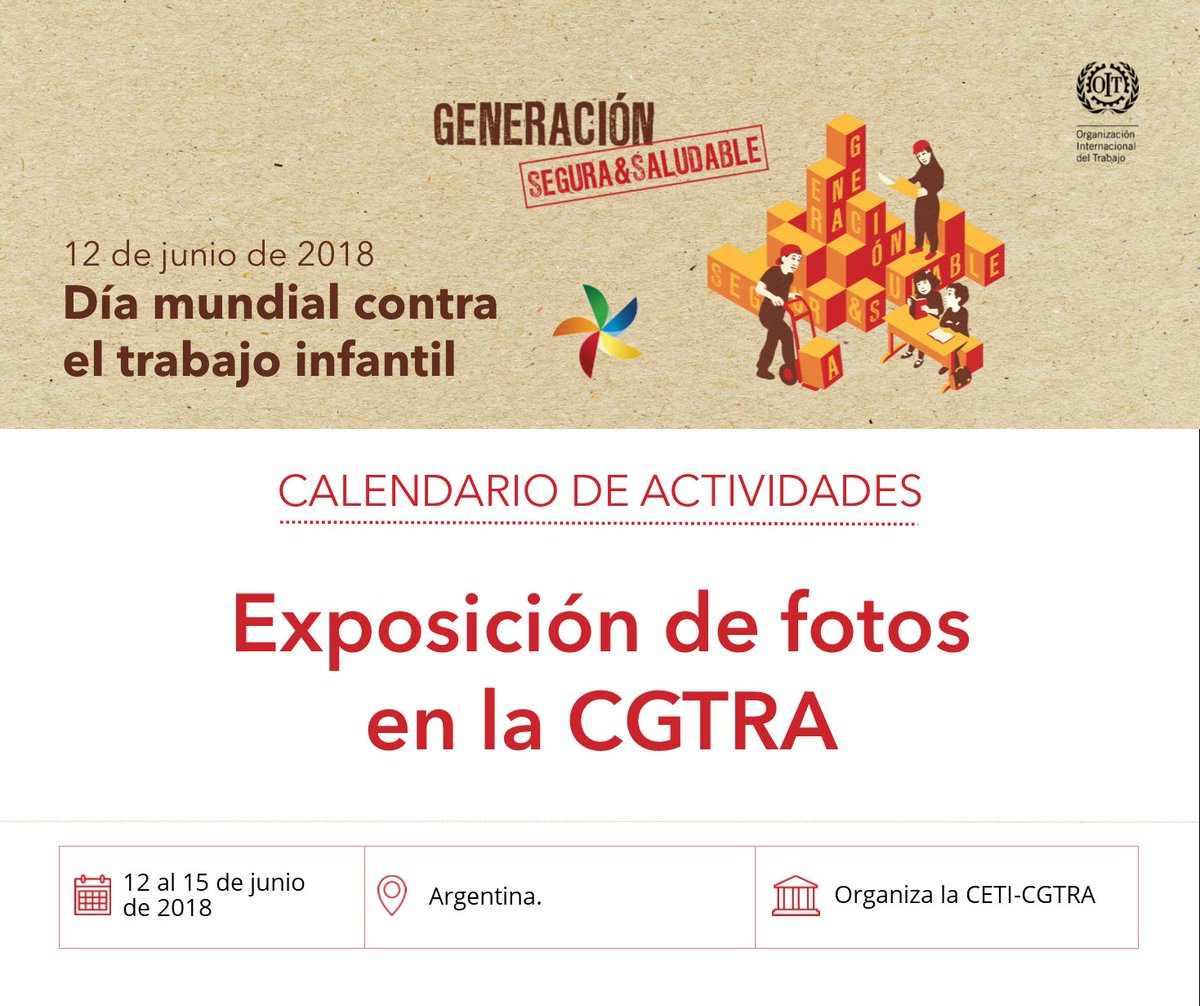 SinTrabinfantil's tweet photo. Actividades y eventos en el marco del Día Mundial contra el #TrabajoInfantil 2018 - 🇦🇷 Argentina #DMCTI "Exposición de fotos en la CGTRA" https://t.co/fzKyygajpw