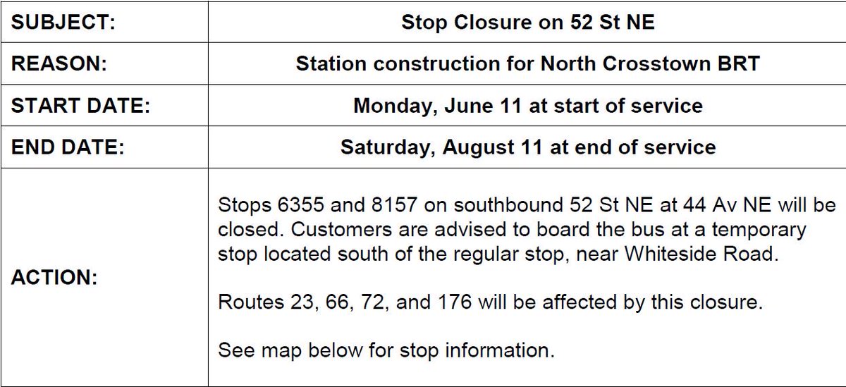 calgarytransit's tweet photo. #CTRiders #Route23 #Route66 #Route72 #Route176 Beginning Monday, June 11 at the start of service, and until Saturday, August 11 at the end of service, Stop# 6355 & 8157 will be temporarily closed. This is due to the installation of a shelter at the North Crosstown BRT station. https://t.co/B77QDr4QP1