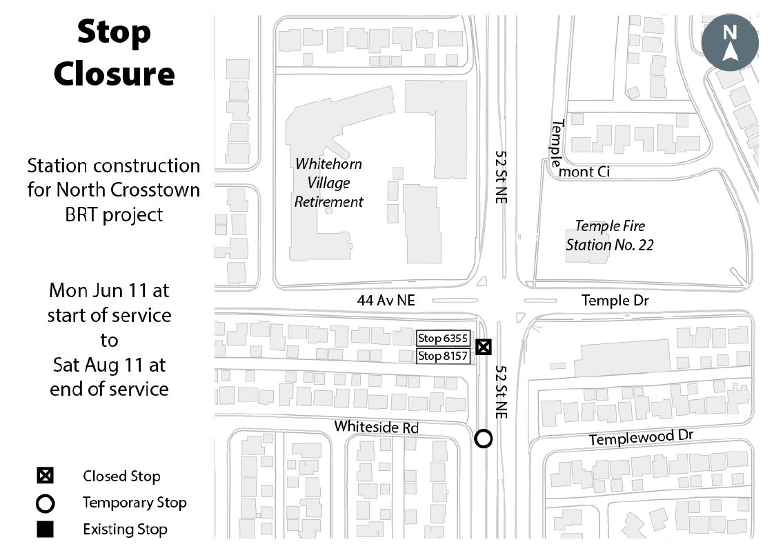 calgarytransit's tweet photo. #CTRiders #Route23 #Route66 #Route72 #Route176 Beginning Monday, June 11 at the start of service, and until Saturday, August 11 at the end of service, Stop# 6355 & 8157 will be temporarily closed. This is due to the installation of a shelter at the North Crosstown BRT station. https://t.co/B77QDr4QP1