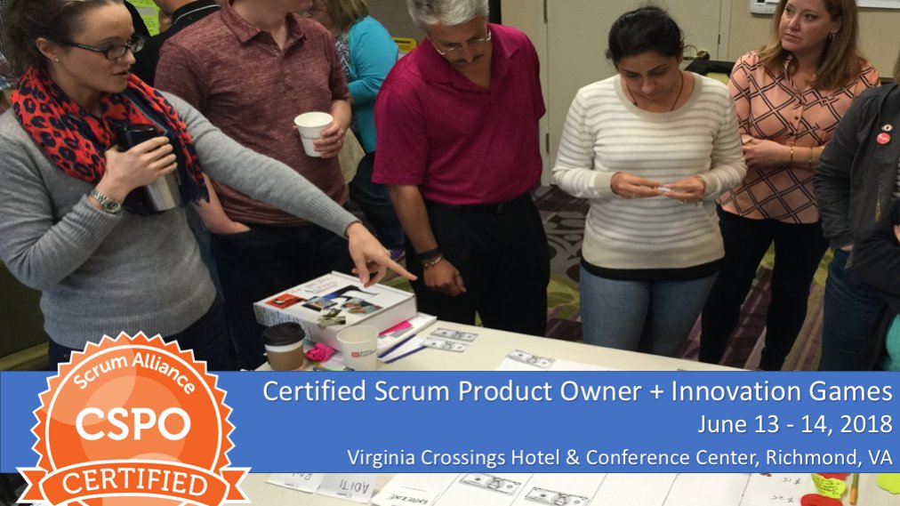 Next week -- #CSPO + Innovation Games certification class in Richmond, VA. 7/13-14. We have a few seats leftI Register: ow.ly/4lys50hBXp6 <a href="/ScrumRVA/">ScrumRVA</a> <a href="/AgileRichmond/">Agile Richmond</a> <a href="/RVATechEvents/">Richmond Tech Events</a>