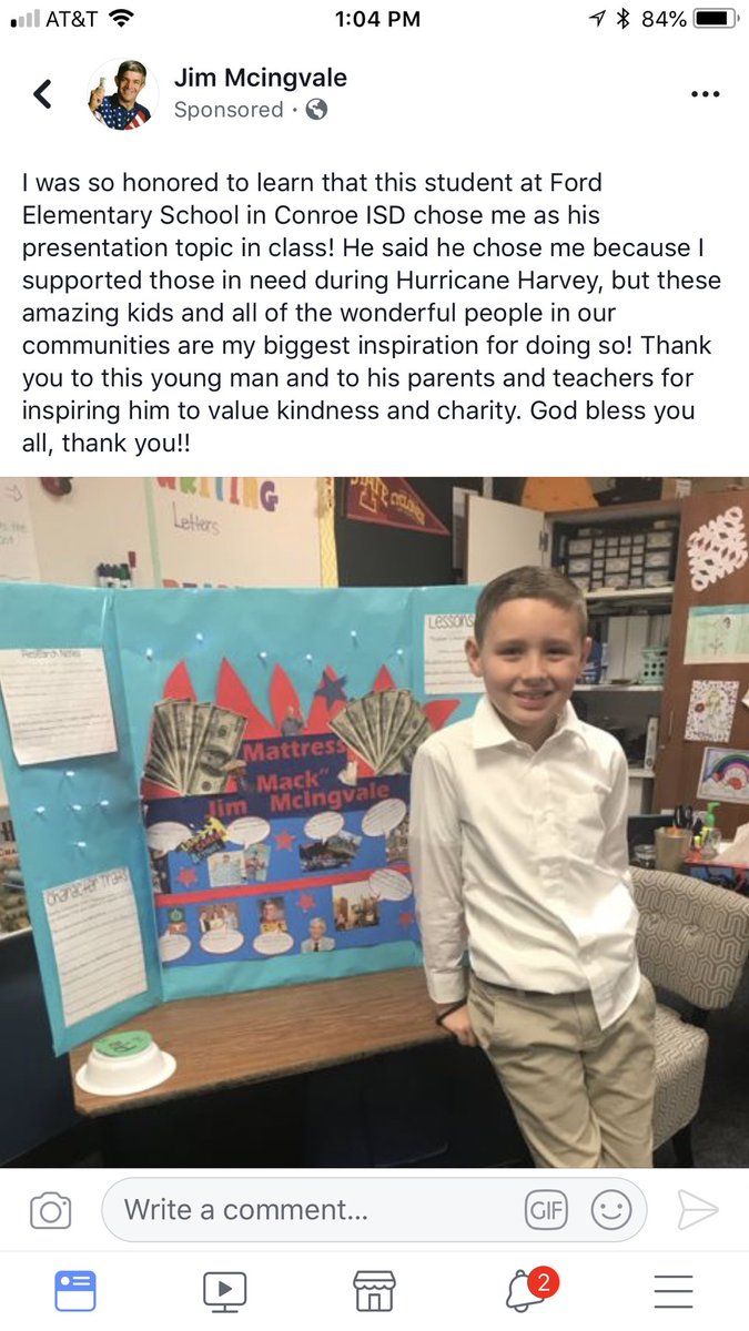 jjroth04's tweet photo. Shout out to this Ford Elementary Student who was recognized by Mattress Mack himself for his project! @ConroeISD @ConroeISDSupt https://t.co/RWXkBeZRhY
