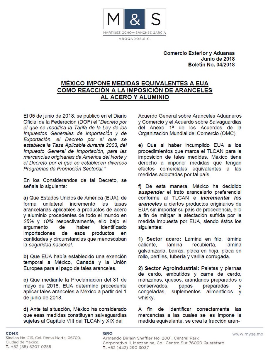 mysa_law's tweet photo. Por considerarlo de su interés, acompañamos el boletín que preparó nuestra área de Comercio Exterior y Aduanas en relación a la imposición de Medidas Equivalentes por parte de México a productos originarios de Estados Unidos de América. https://t.co/i89CdzZtC7