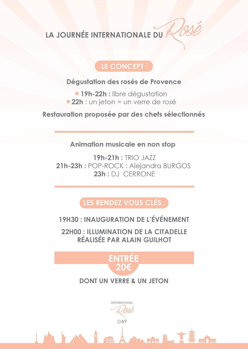 #savethedate #roséday le 22 juin à la Citadelle de Saint-Tropez de 19hà1h. 40 vignerons vous font déguster leurs rosés #Provence , 3 chefs locaux, illuminations, scène non stop du jazz, pop rock &amp; dj Marc Cerrone #var #sortie #wine #vin places limitées rose-day.fr/billetterie/