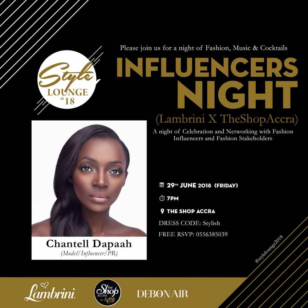 DebonairAfrik's tweet photo. Unveiling Model, Influencer and PR @chantelldapaah as one of the Influencers for our Influencers Night, which kicks of the #STYLELOUNGE fashion weekend, a cocktail Soirée by @lambrini_ghana X @Theshopaccra1 to celebrate Ghana’s finest brand influencers. #Stylelounge2018 https://t.co/nSmLvySN7I