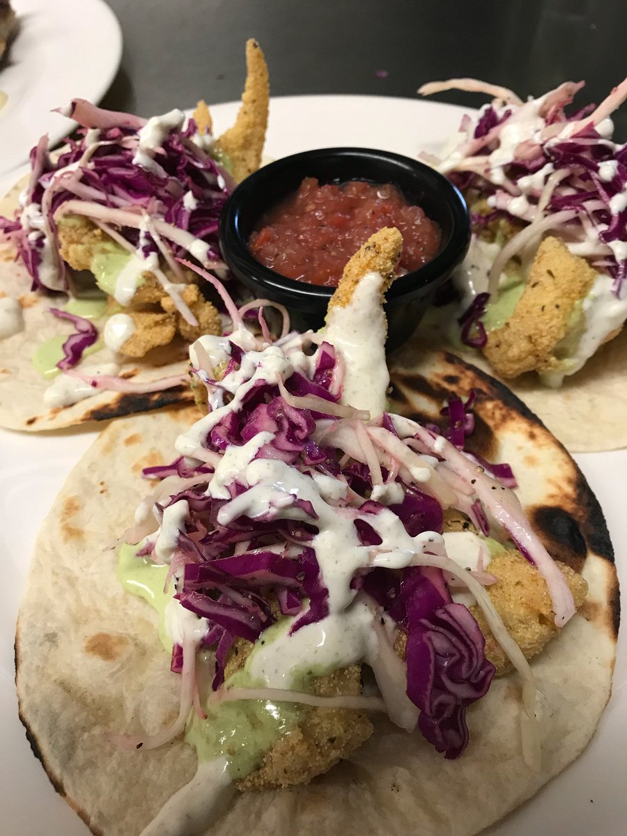 pomegranateva's tweet photo. One of our delicious menu offerings is our #flounder #tacos. They are awesome. Come in enjoy them. They are made to order from fresh ingredients and you can enjoy them in our relaxed atmosphere. https://t.co/eJBLkL2mCD
