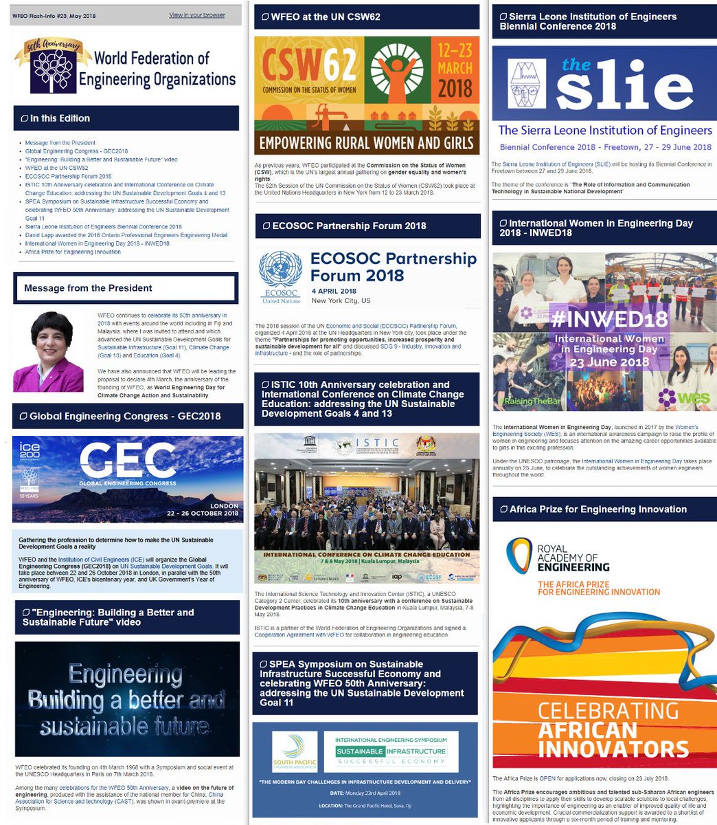 wfeo's tweet photo. WFEO Flash Info 23 - May 2018 https://t.co/L8LZy8S5j7
Get informed of the #Engineering news from around the world
#WFEO50 #Eng4SDGs #Engineers4SDGs #Engineer #Engineers #WFEOEng4SDG #globalgoals #sdgs https://t.co/sxm5Dy80oV