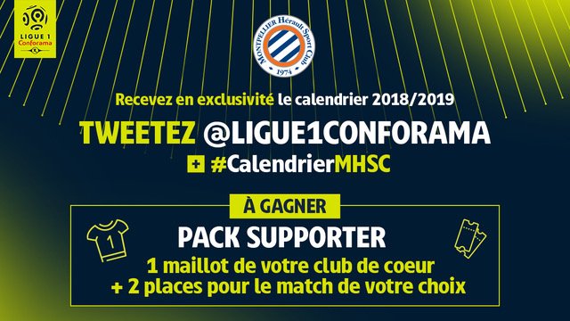 MontpellierHSC's tweet photo. Le calendrier 2018/2019 est sorti ! Recevez en exclusivité celui du #MHSC en tweetant @Ligue1Conforama + #CalendrierMHSC ! https://t.co/y5fQLCtaMa
