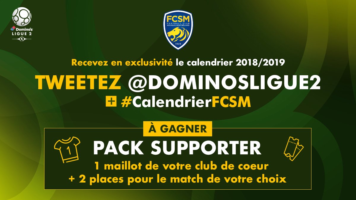 FCSM_officiel's tweet photo. 📅 Le calendrier 2018/2019 est sorti ! Recevez en exclusivité celui de FCSM en tweetant @DominosLigue2 + #CalendrierFCSM ! #GoFCSM https://t.co/1F3IqwtXJE