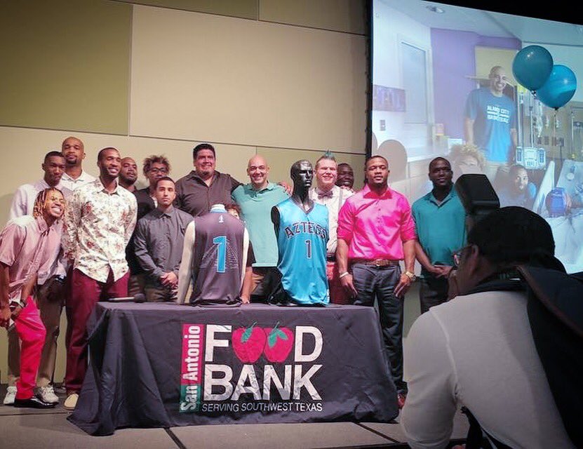 AztecNationLLC's tweet photo. #TBT to the first uniform unveiling for our @AlamoCityAztecs in March 2017, held at the @safoodbank!
#AztecNation #AlamoCityAztecs #AztecHistory https://t.co/plZF2RzCwl