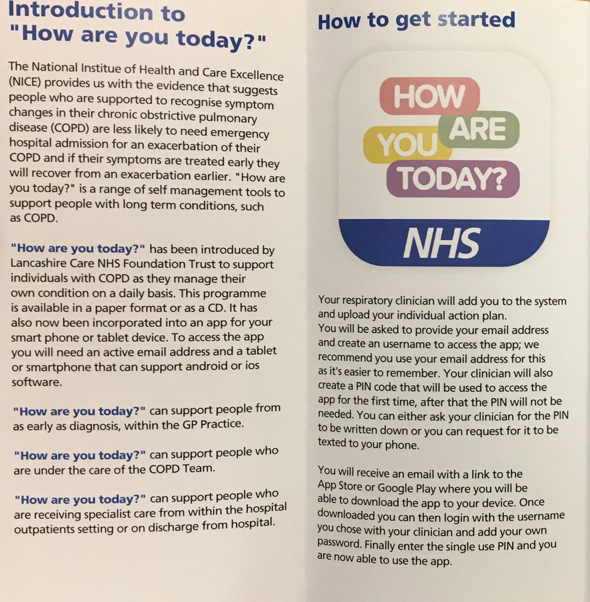 “How are you today?” Has been introduced by @LancashireCare to support individuals with #COPD 
Now available by App on smartphone or tablet.
Speak to your respiratory clinician for more info.
#LcftCopd #support #respiratory #selfmanagement