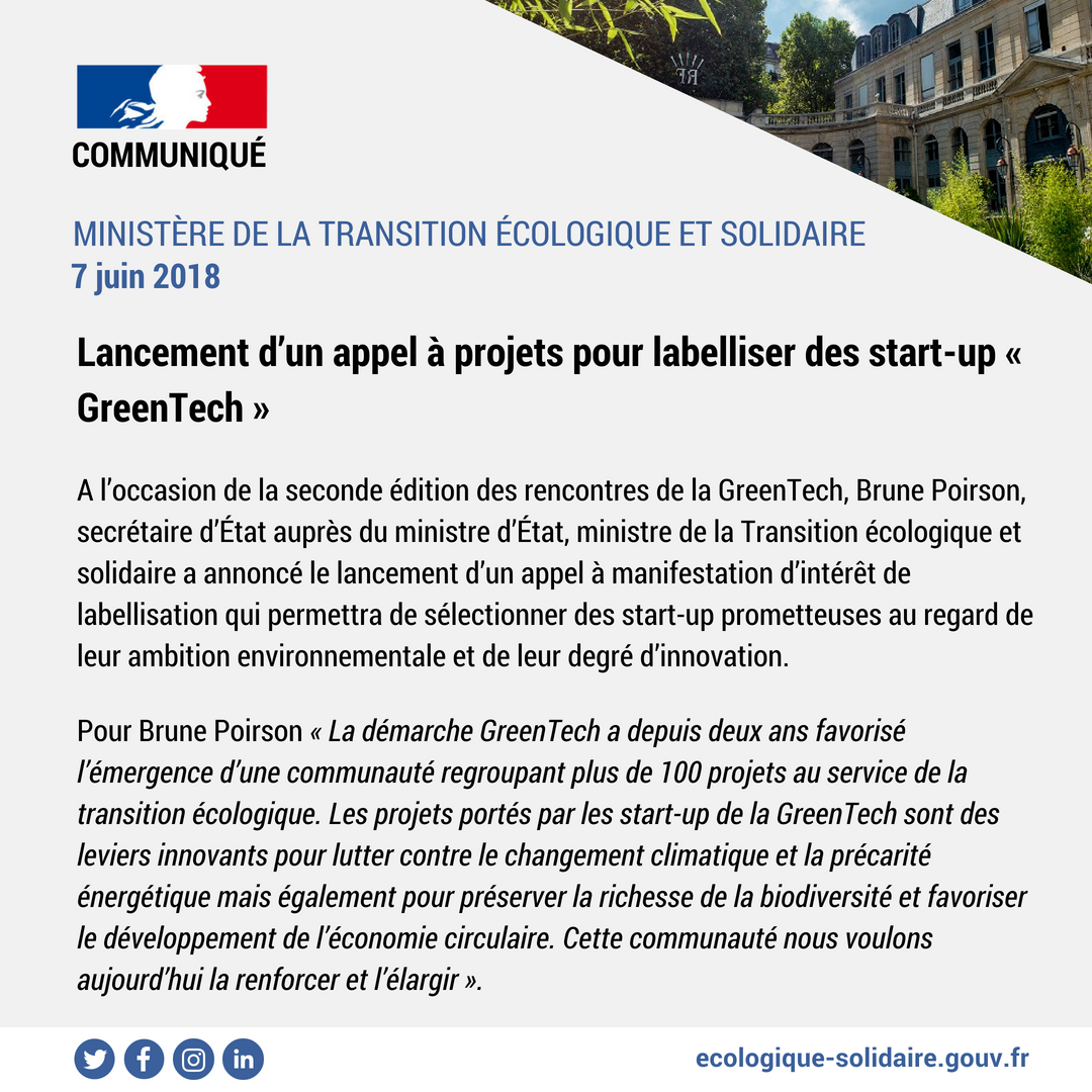 Ecologie_Gouv's tweet image. 🌱 COMMUNIQUÉ | Lancement d’un appel à projets pour labelliser des start-up @GreenTechverte 
👉 bit.ly/2kYlEG1