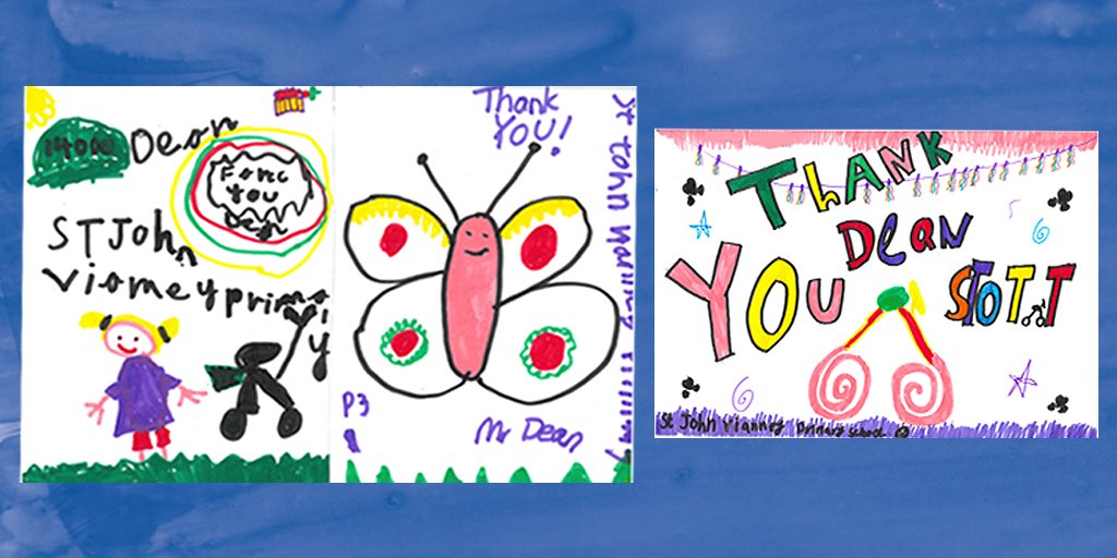 Pupils from Place2Be school <a href="/stjohnvianneyPS/">StJohnVianneyPS</a> have made lovely posters thanking @dean_deanstott for his incredible #PAH18 achievement – just in time for #NEXGivingDay! Here are just a few…