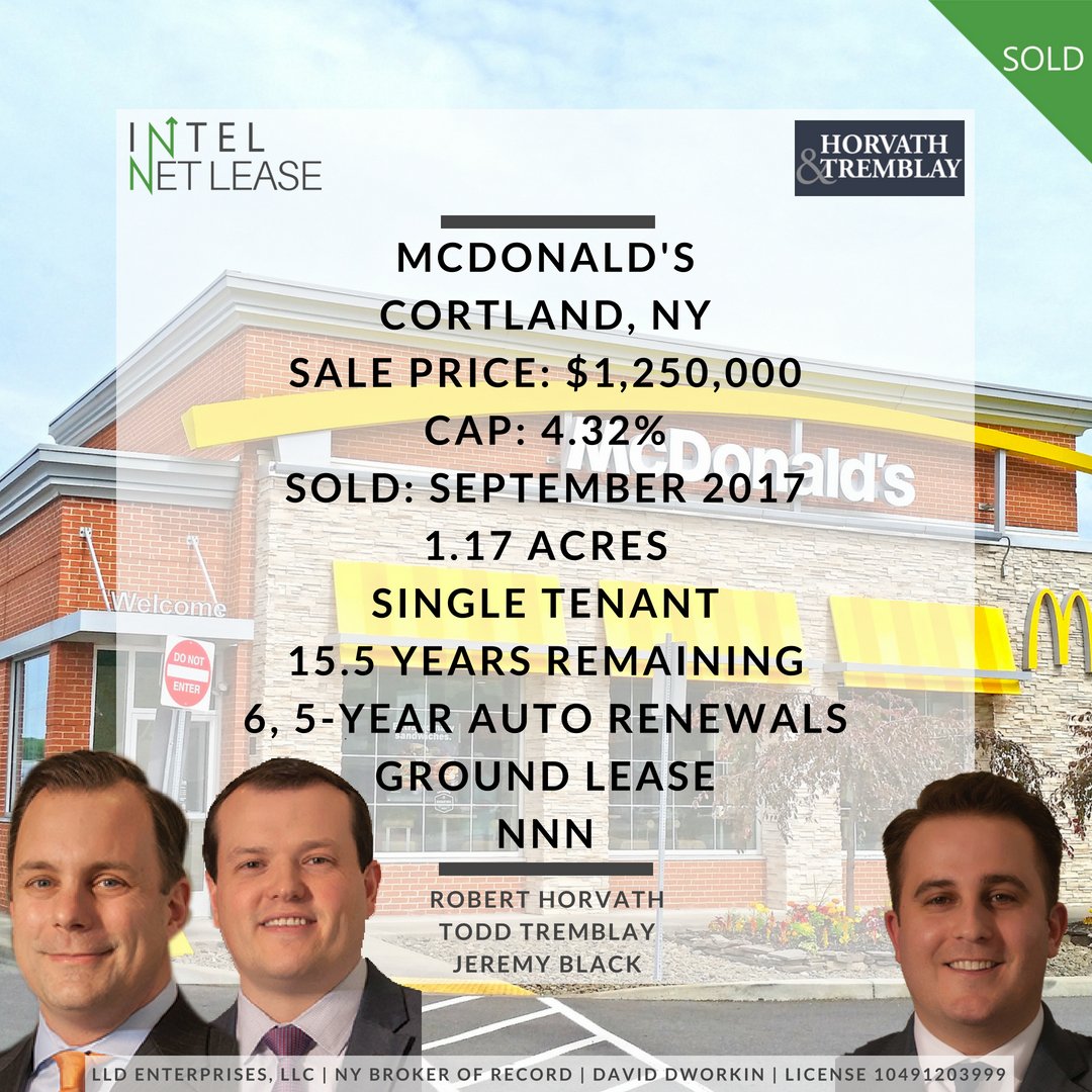 intelnetlease's tweet photo. SOLD: Horvath &amp; Tremblay | McDonald's, Cortland, NY | Robert Horvath, Todd Tremblay &amp; Jeremy Black

#CRE #1031exchange #netlease #triplenet #mcdonalds #horvathtremblay #cortland #stnl #intelnetlease https://t.co/pEW0paGMWy