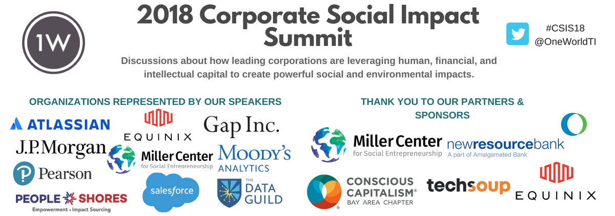 OneWorldTI's tweet photo. On June 14, join our #Innovations in #Corporate #SocialImpact #Summit @Equinix in Redwood City.  
https://t.co/khreaeednT @OneWorldTI

#impact #socent beyond #CSR #revenue #sustainability #CSIS18 https://t.co/e7aa3rCc2Y