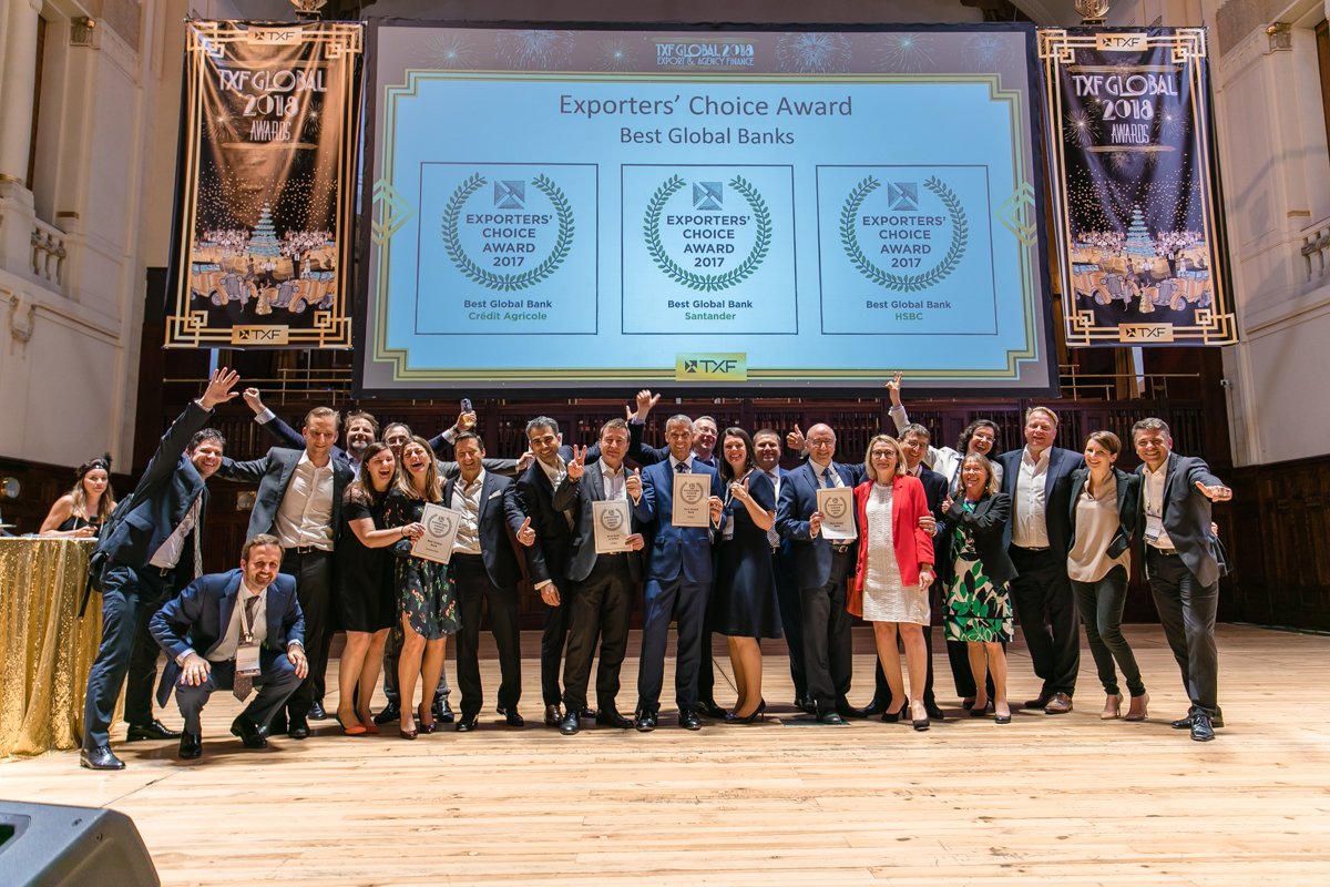The winners in the best global banks category are <a href="/CA_CIB/">Crédit Agricole CIB</a>, <a href="/bancosantander/">Santander</a>  and <a href="/HSBC/">HSBC</a> for the #TXF #exporterschoice awards. Congratulations! #TXFGlobal #TXFAwards #Winning