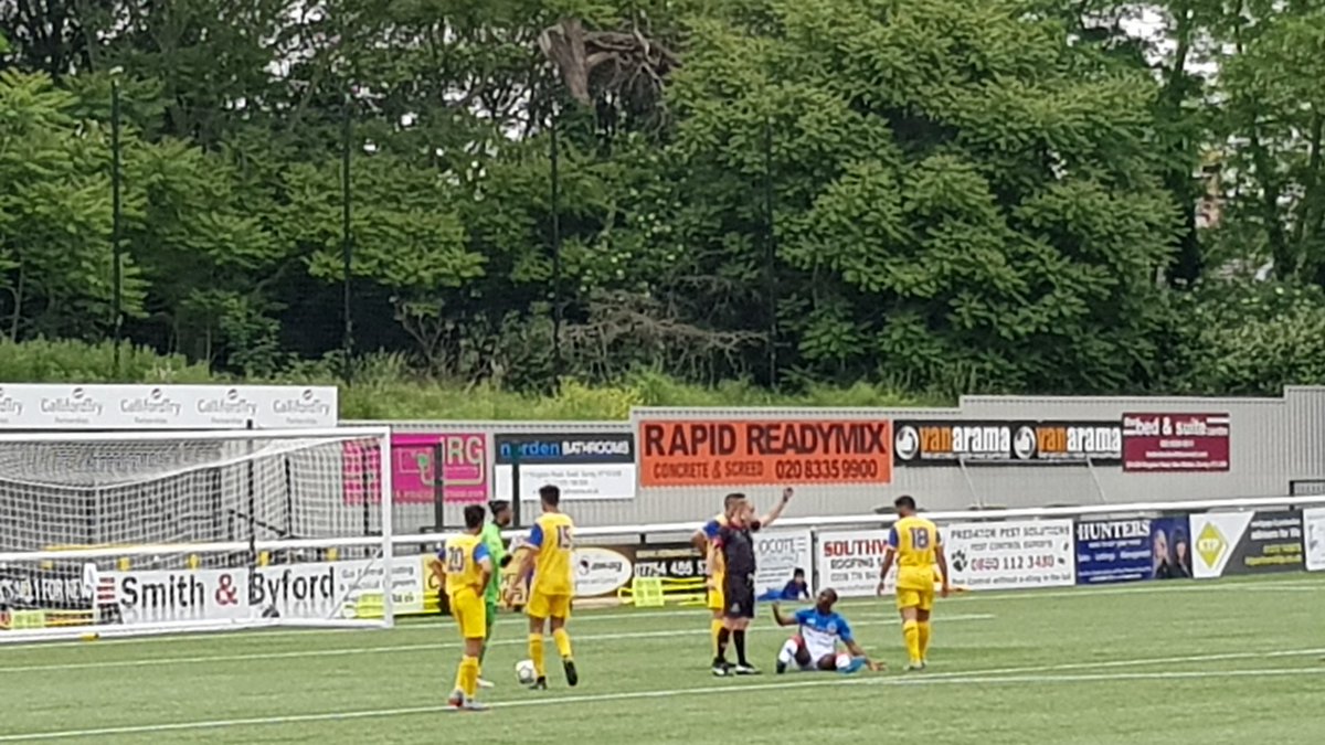 Gandermonium's tweet photo. Green Card Klaxon!! Barawa no 9 into box, sprawling under a challenge. We thought it was a pen, but the ref flashes the card. #conifa2018 https://t.co/4zJFSYHFKo