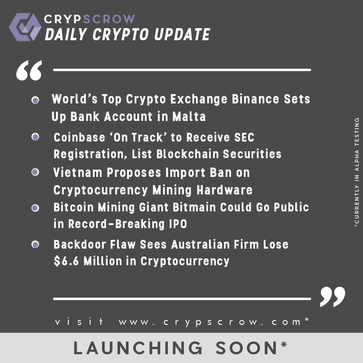 CrypScrow's tweet photo. #dailycryptoupdate #cryptonews #binance #setsup #bankaccount #malta #coinbase #ontrack #receive #sec #registration #vietnam #bans #import #crypto #mining #equipments #bitmain #goes #public #ipo #australian #firm #loses #$6.6million #due #to #flaw #in #contract #crypscrow https://t.co/7dj6t1gnwy