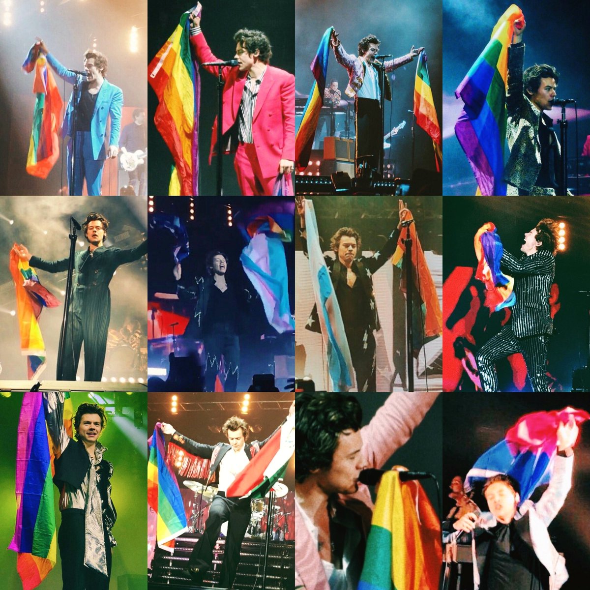 isharrypride's tweet photo. harry has always been a huge LGBTQ+ supporter throughout his life, and now in his solo career, he guarantees to show all his support to the community by waving pride flags at each of his shows. https://t.co/02Uhhd9BNZ