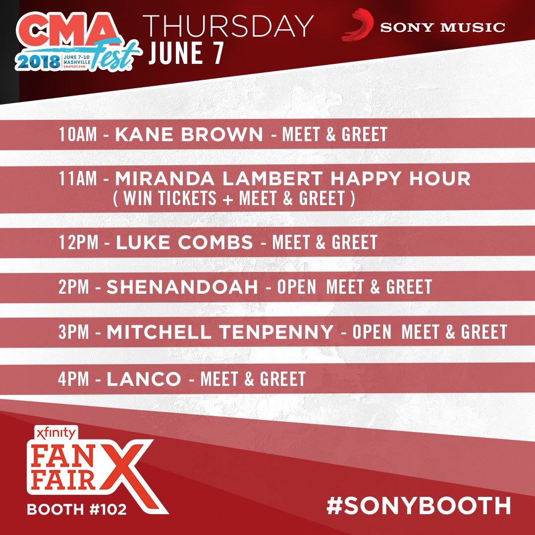 TheWomenCountry's tweet photo. If you have your Fan Fair X passes ready then stop by the #SonyBooth to meet #CMTAwards winner #KaneBrown plus #MirandaLambert #LukeCombs @M10Penny and more! https://t.co/rcnk4spPDc