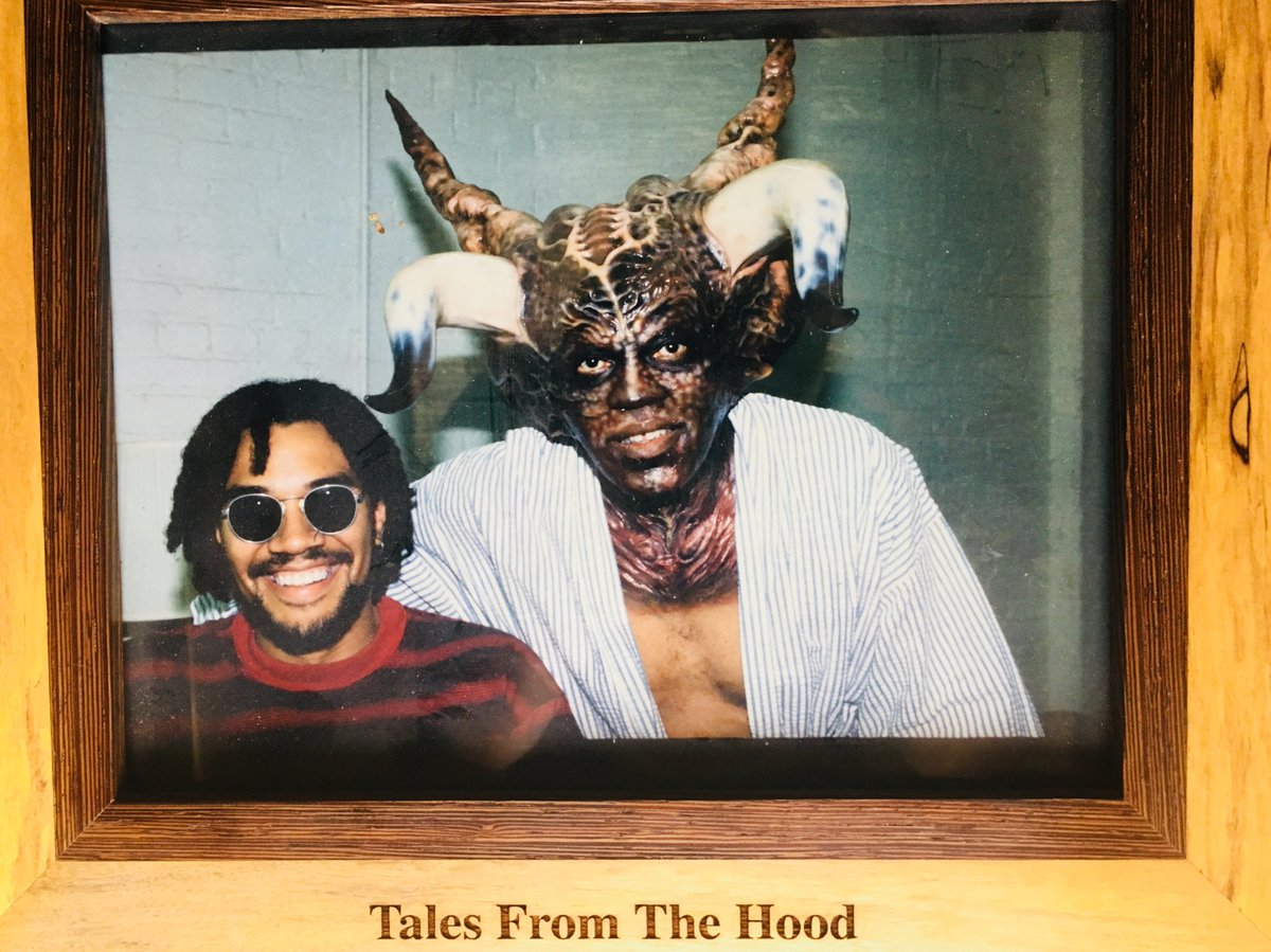 RustyCundieff's tweet photo. Clarence Williams III with horns, me with hair!  So sad his supreme awesomeness could not return. But confident the great Keith David has done the role Justice and more with his on inimitable brilliance! Look back, then look forward. #TFTH2. https://t.co/KEMJg3qsC6