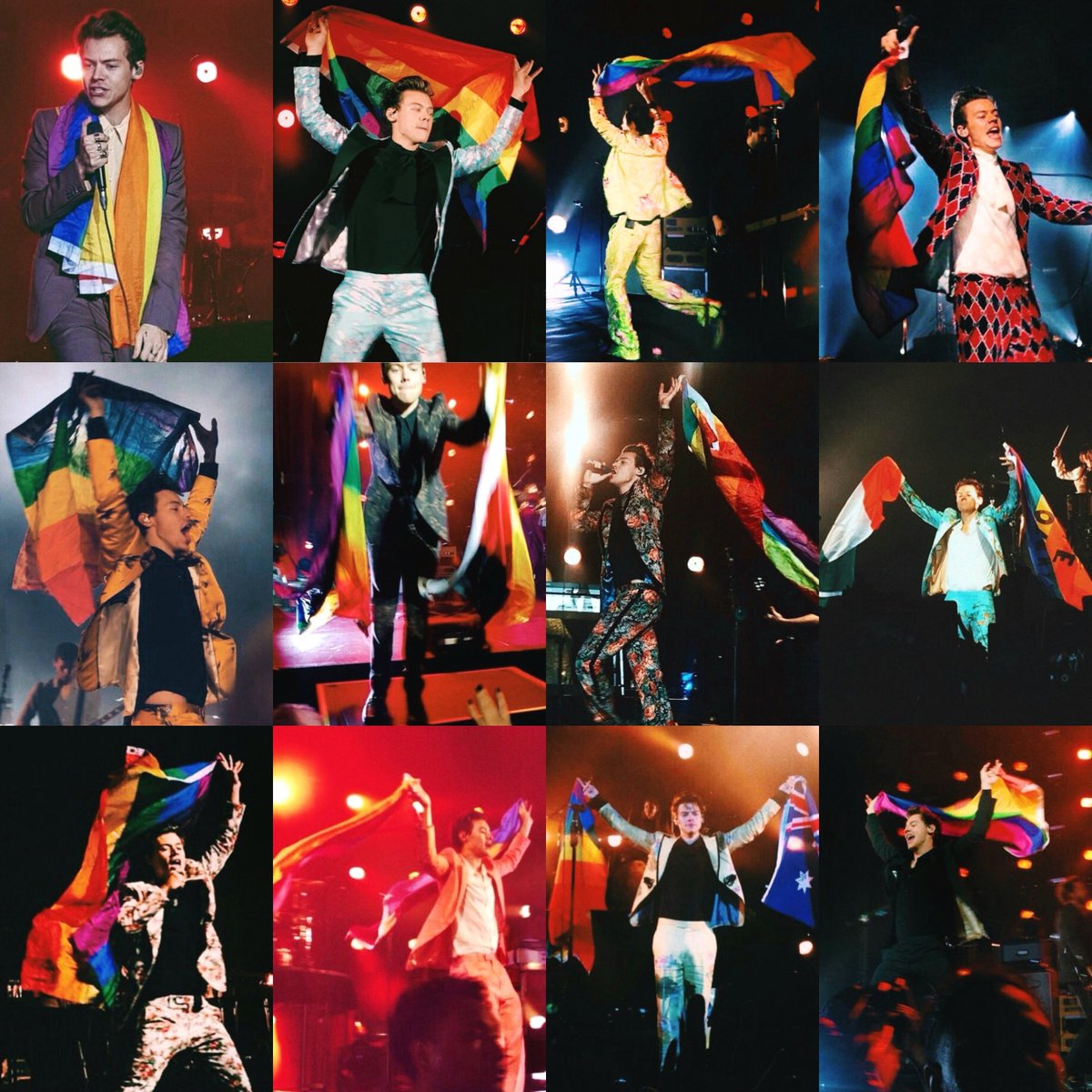 isharrypride's tweet photo. harry has always been a huge LGBTQ+ supporter throughout his life, and now in his solo career, he guarantees to show all his support to the community by waving pride flags at each of his shows. https://t.co/02Uhhd9BNZ