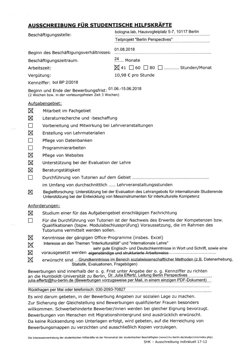 #Berliner #Studierende: Wir suchen 2 x Verstärkung in der Beratung von internationalen  Studierenden, Unterstützung von Lehrenden und  Kenntnissen in der Sozialforschung. Weitere Informationen gibt's bei: berlinperspectives@hu-berlin.de (Bewerbungen bitte auch an diese  Adresse!)