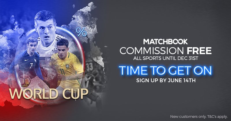 TeamMatchbook's tweet photo. The excitement is building as We are just ONE WEEK out from #WorldCup2018 and it's #timetogeton by signing up for a new Matchbook account today!

Commission Free on ALL SPORTS until the end of the year if you sign up by the 14th of June.

Details: https://t.co/x4kbYmIxFl https://t.co/AesXlapePP