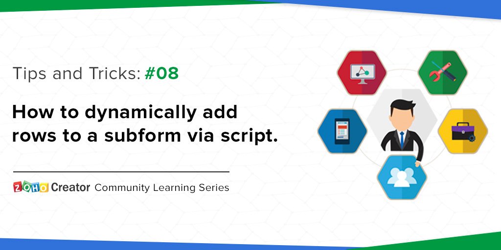 ZohoCreator's tweet image. Using subforms in your app? 

Here&apos;s a neat little script you can use to auto-populate data into those subforms: zoho.to/TipsAndTricks8

Cheers to automation!
#ZohoCreatorTips #ZohoCreator