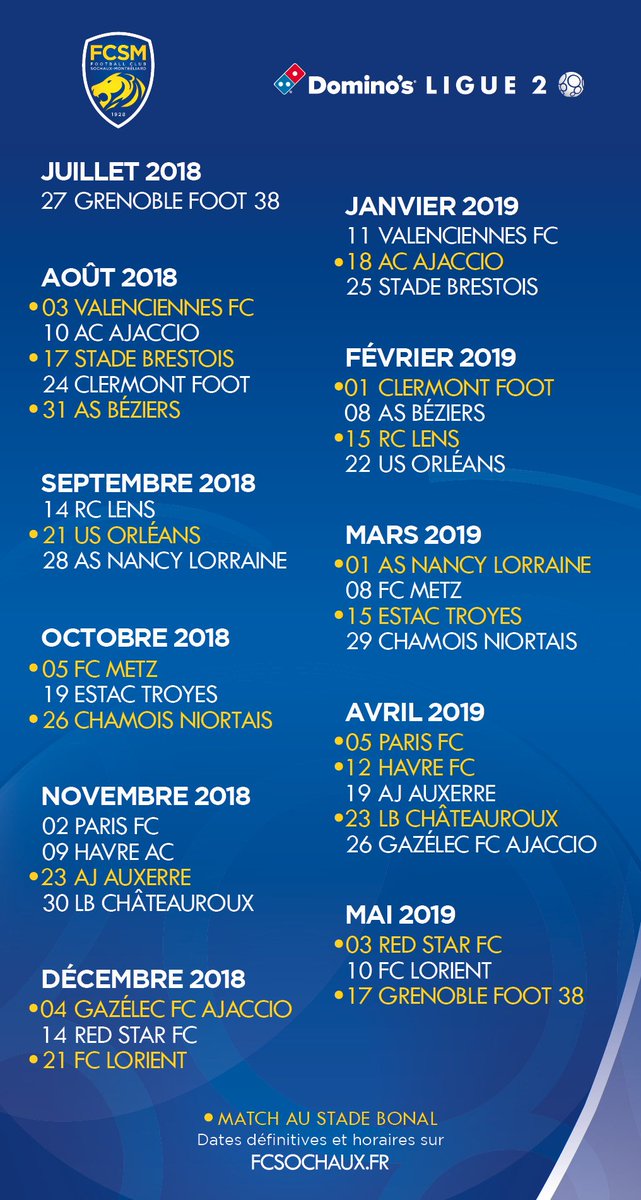 FCSM_officiel's tweet photo. 📅✅ Découvrez le calendrier du FCSM pour la saison 2018/2019. Les Sochaliens débuteront par un déplacement sur la pelouse du @GF38_Officiel le vendredi 27 juillet prochain. #GoFCSM
► https://t.co/Y0NFSHcAZc https://t.co/cyrySZJKhN