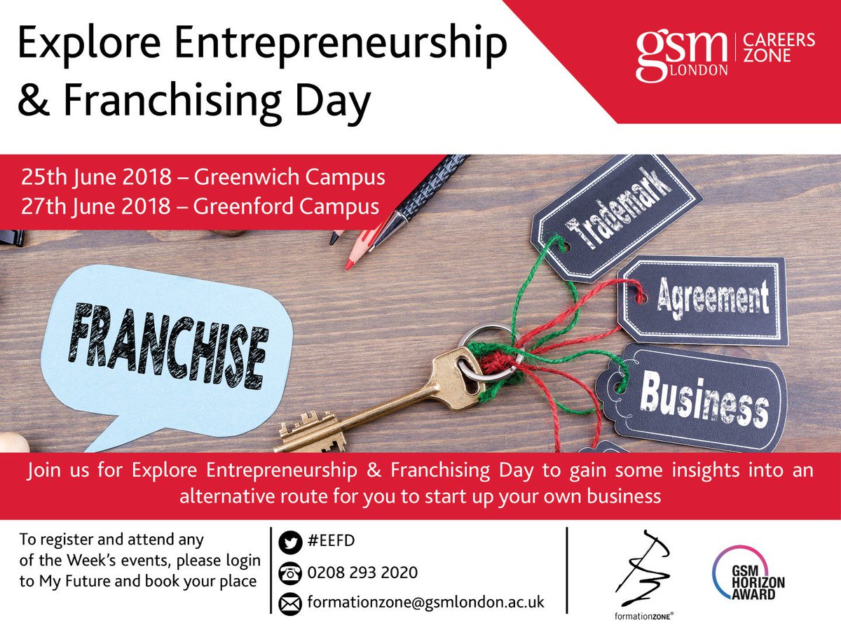 gsmcareers's tweet photo. Join us on 25th June #GW and 27th June #GF for Explore Entrepreneurship and Franchising Day to gain some insights into an alternative route to start up your own business! Sign up on My Future: https://t.co/5fpSpaHZB2  #EEFD #franchising #entrepreneur @formationzone @gsmcareers https://t.co/5R5gJGZOjw
