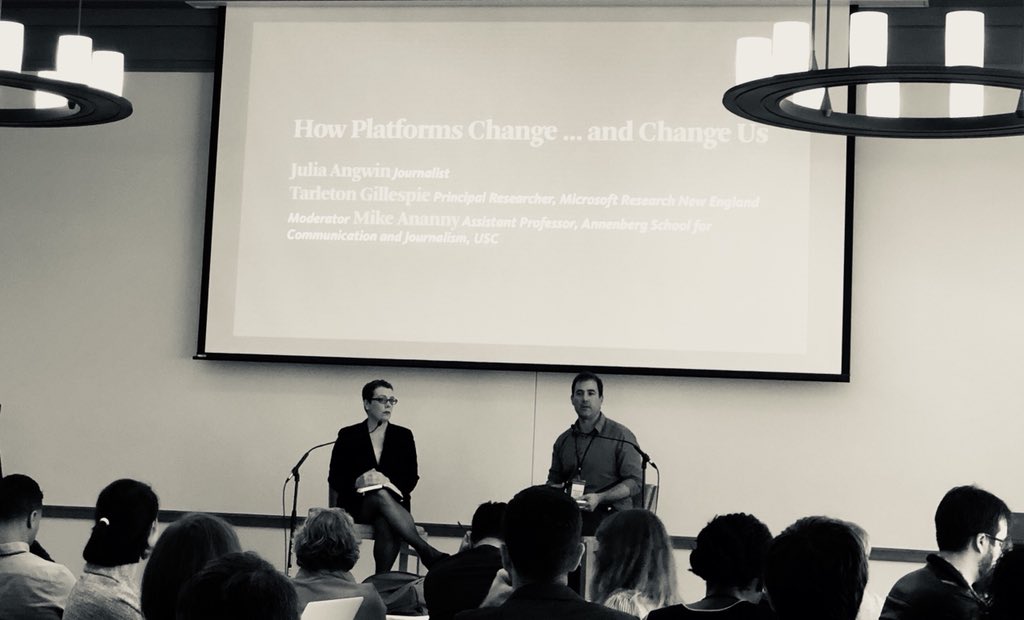 Klonick's tweet photo. Dream team of @JuliaAngwin and @TarletonG talking speech platforms & the role of journalism in policing them @Harvard_Law conference on Information Disorder. Huge thanks to @FordFoundation @knightfdn @USCAnnenberg @BKCHarvard for putting together such an awesome event. #IDEME https://t.co/9RgF944GiY