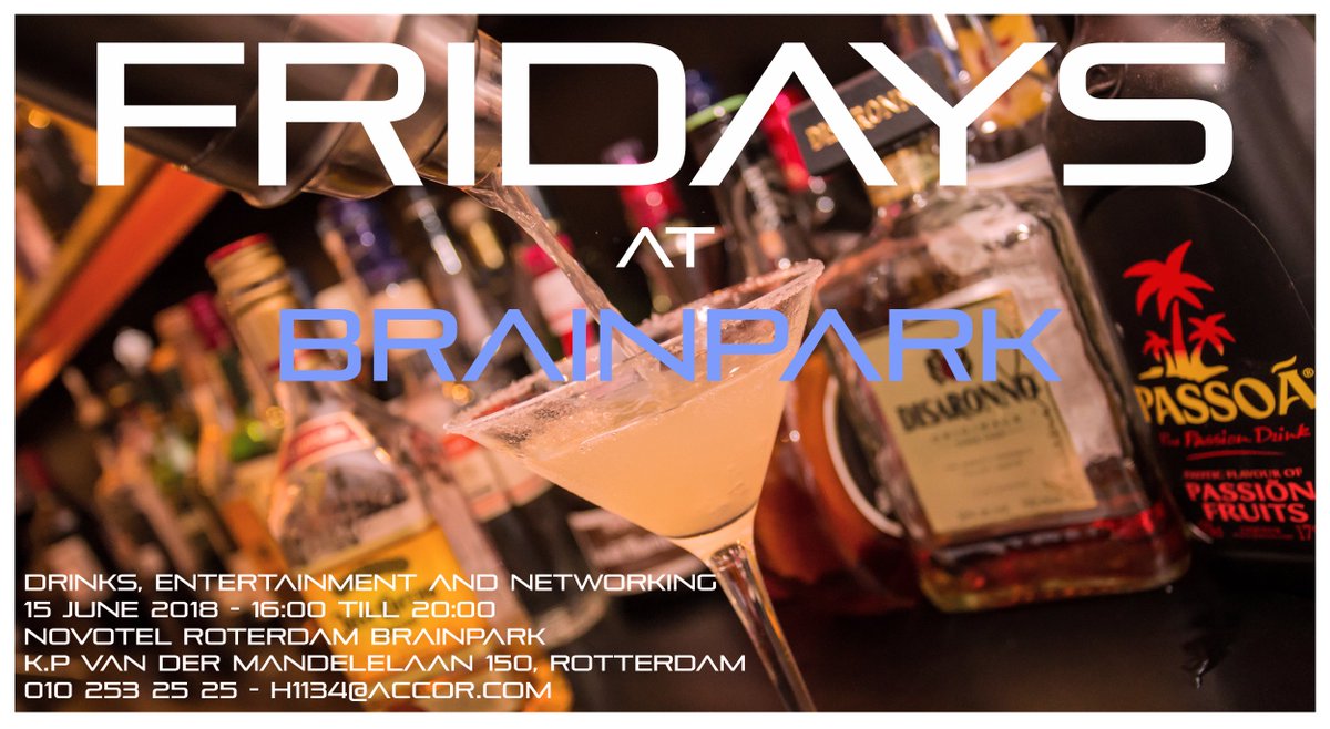 #FRIDAYSatBRAINPARK - Vrijdag 15 juni
Borrel, Entertainment &amp; Netwerken <a href="/NovotelRdam/">Novotel Rotterdam</a> 
Leuke gelegenheid om buren/bedrijven te ontmoeten &amp; te netwerken.
1e drankje is GRATIS #NovotelRotterdamBrainpark
😃Wij hopen deze dag veel nieuwe mensen te ontmoeten tussen 16:00 &amp; 20:00 uur🍹