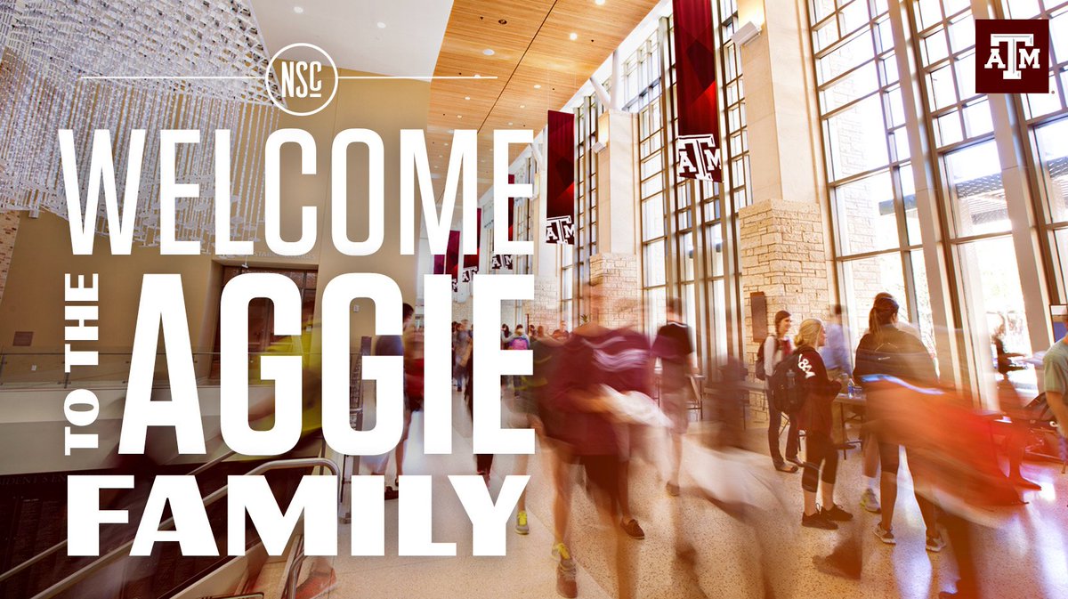 text "Welcome to the Aggie Family" over a photo of people in the MSC