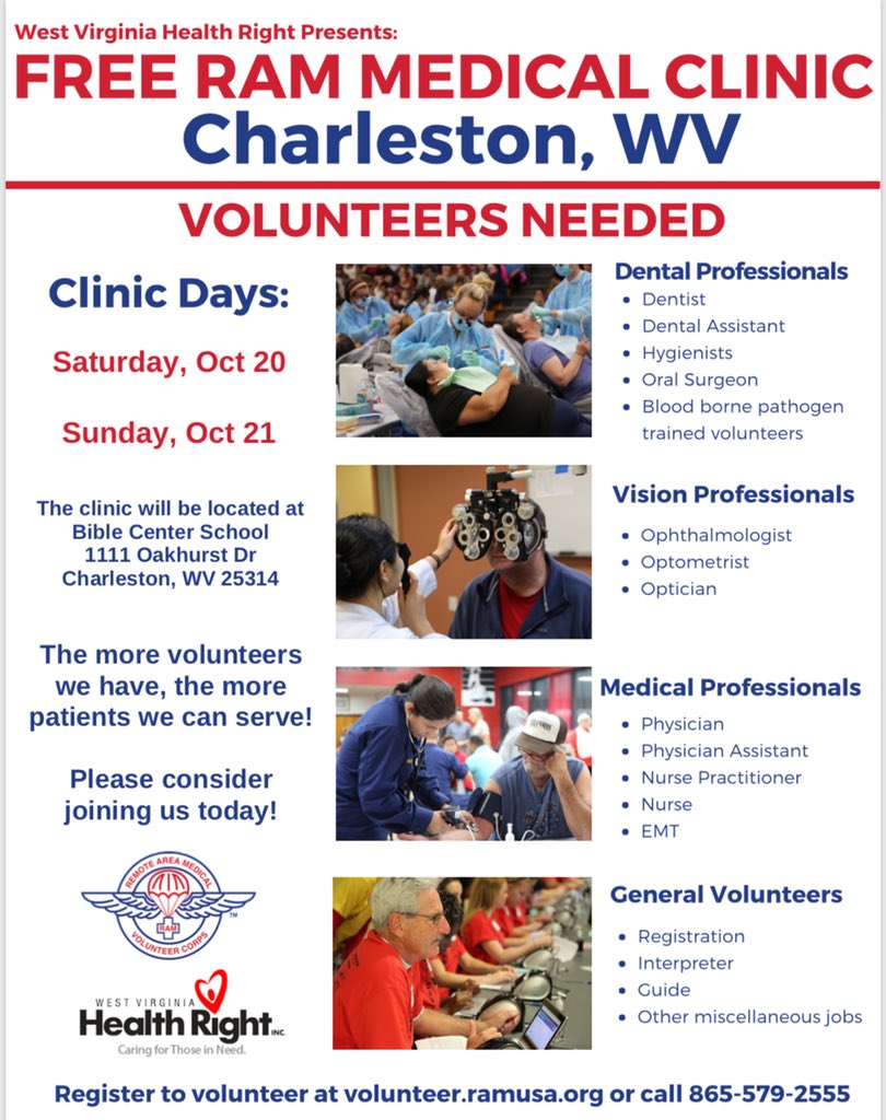 StansburyforWV's tweet image. We’re getting geared up for our 2018 @ramusaorg - @WVHealthRight FREE clinic, and it’s not too early to volunteer! We need lots of healthcare professionals and laypeople to staff the clinic and provide care for over 1000 WVians! #serviceoverself