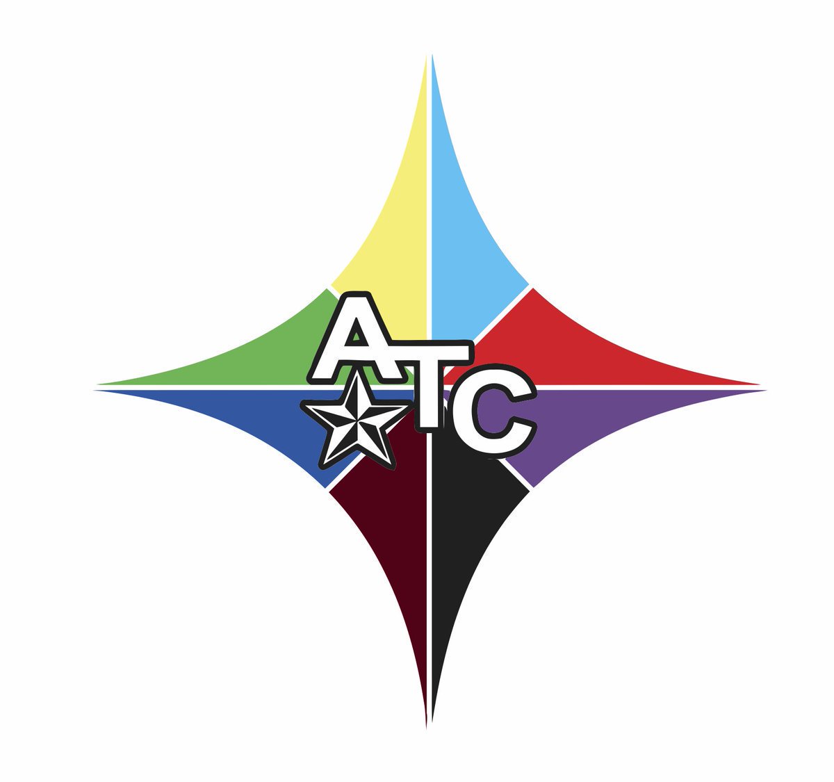 ATC Logo: Four pointed star with yellow, teal, red, purple, black, maroon, blue, and green colors inside