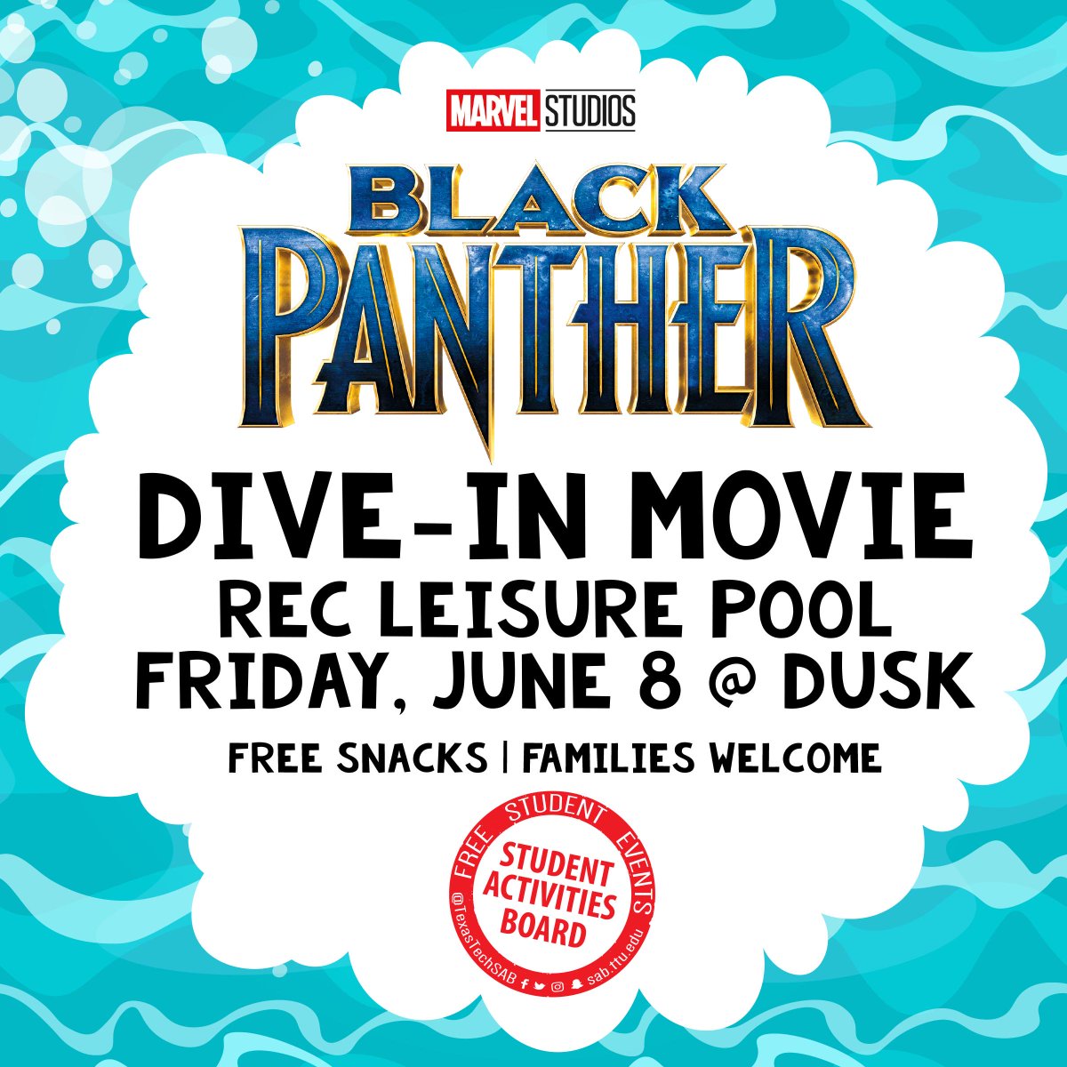 TexasTechSAB's tweet photo. Join us TOMORROW for Black Panther at the Rec Leisure Pool! Free movie snacks will be available and families are welcome. Gates open at 8:30pm #FreeStudentEvents #TexasTech https://t.co/DyqdgurUGV
